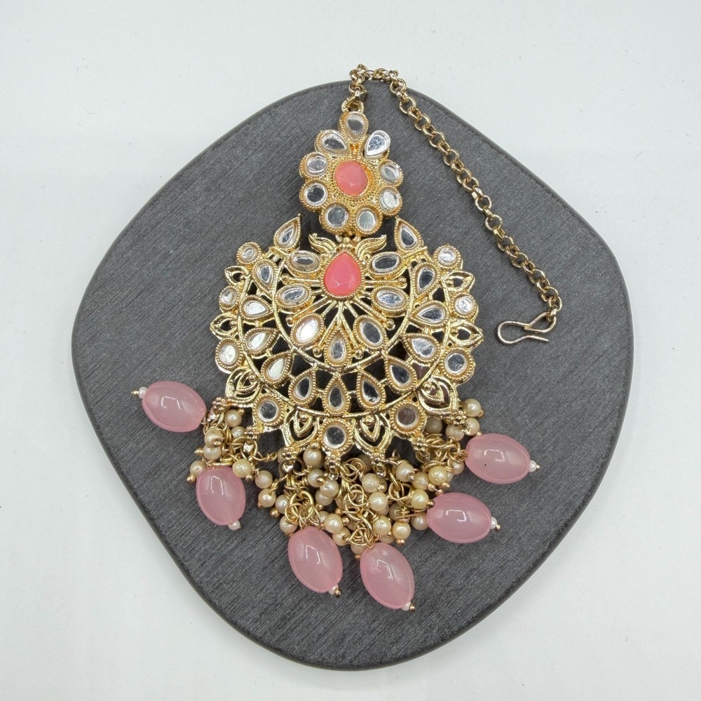 Indian Kundan Style Maang Tikka Pink Gold Tone Faux Pearl Bridal Head Jewelry